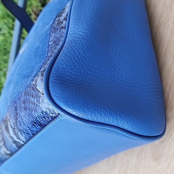 KATE SPADE blue Pebble Leather Suede Snakeskin detail top handle satchel bag - Picture 7 of 14